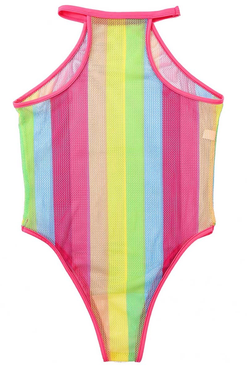 Rainbow Striped Fishnet Bodysuit