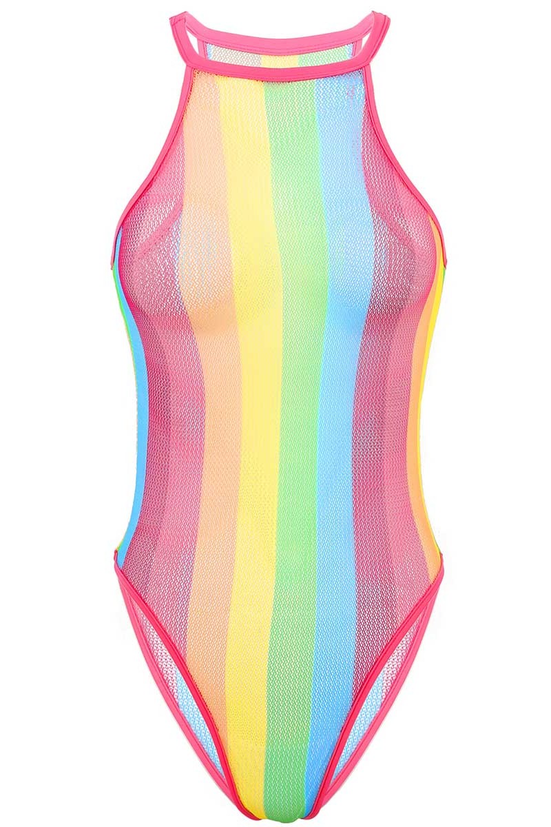 Rainbow Striped Fishnet Bodysuit