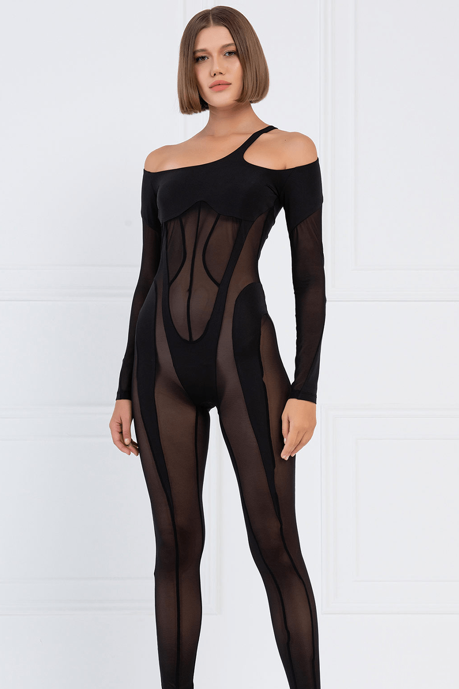 Sheer Cut Out Shoulder Catsuit